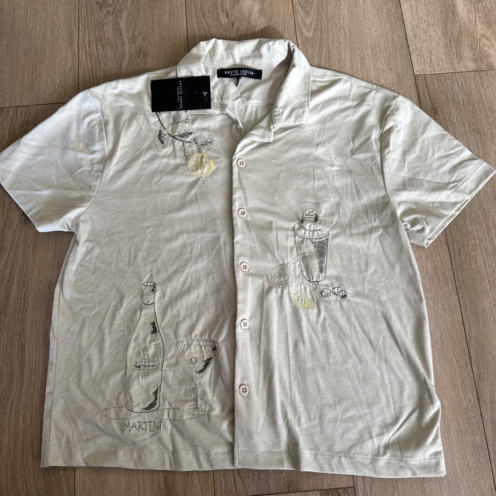 Rustic Souls Men's SS Button Shirt Martini Mint‎ Embroidered Cocktails Small NEW